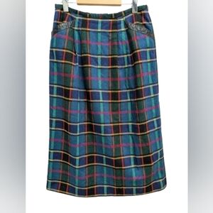 Simon Chang women's vintage plaid wool and leather midi skirt size 10
